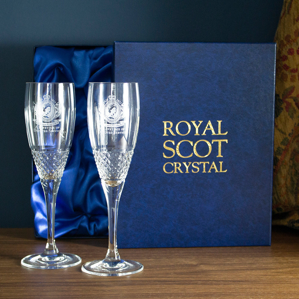 Royal Scot Crystal A Lifetime of Devoted Service Pair Champagne Flutes-Royal Commemorative-Goviers