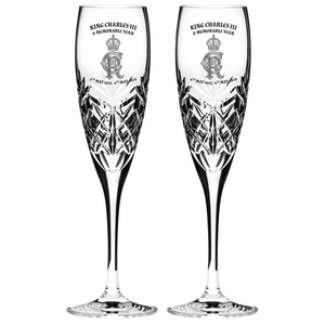 Royal Scot Crystal King Charles III A Memorable Year Pair of Champagne Flutes-Goviers