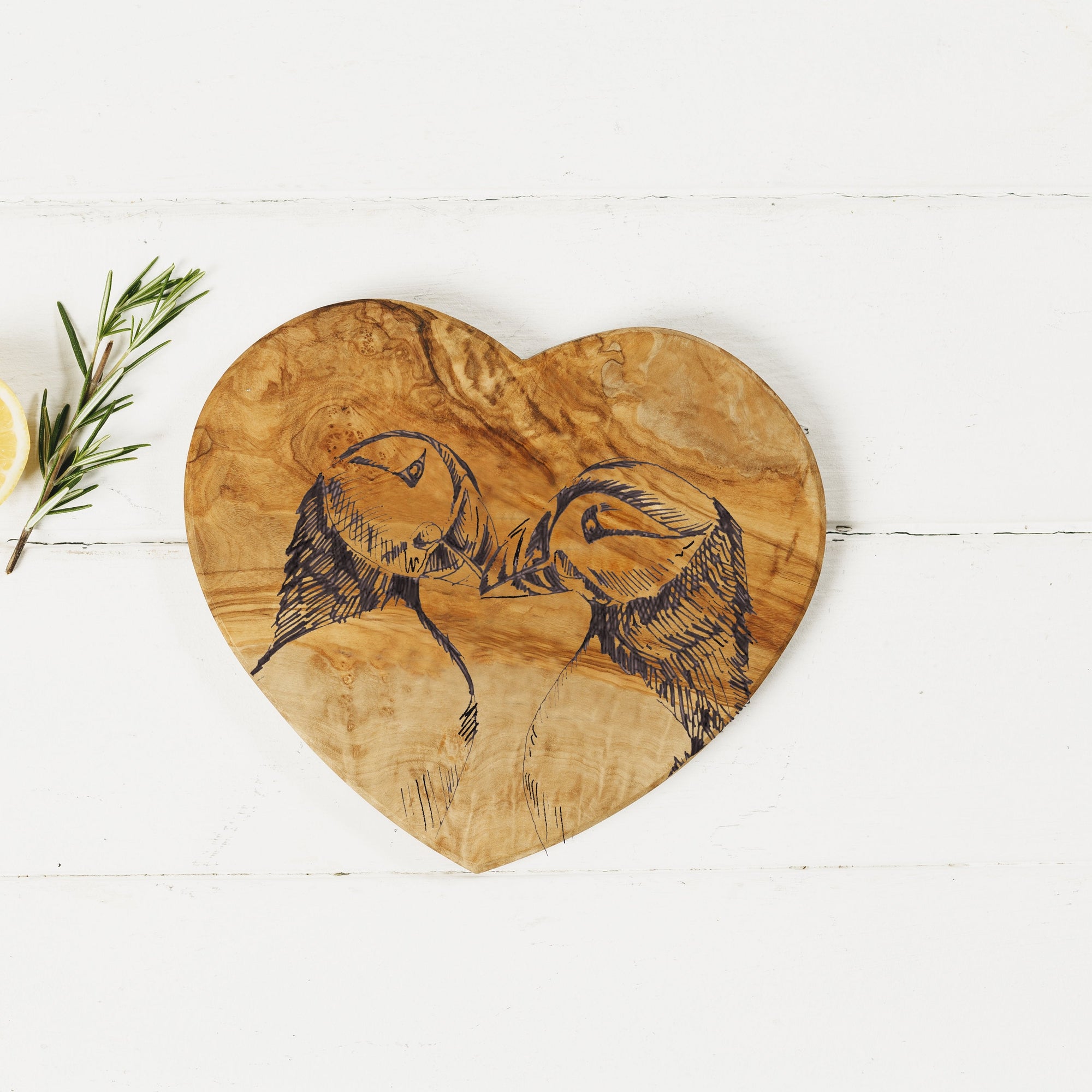 Selbrae House Puffins Heart Shaped Olive Wood Board-Valentine-Goviers