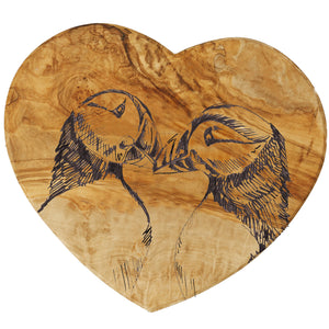 Selbrae House Puffins Heart Shaped Olive Wood Board-Valentine-Goviers