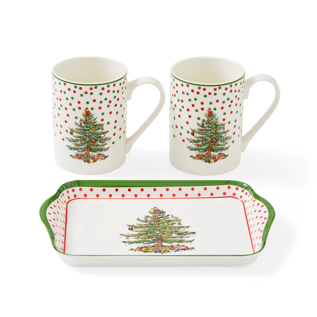 Spode Christmas Tree Polka Dot Three Piece Mug & Tray Set-Home & Garden > Kitchen & Dining > Tableware-Goviers