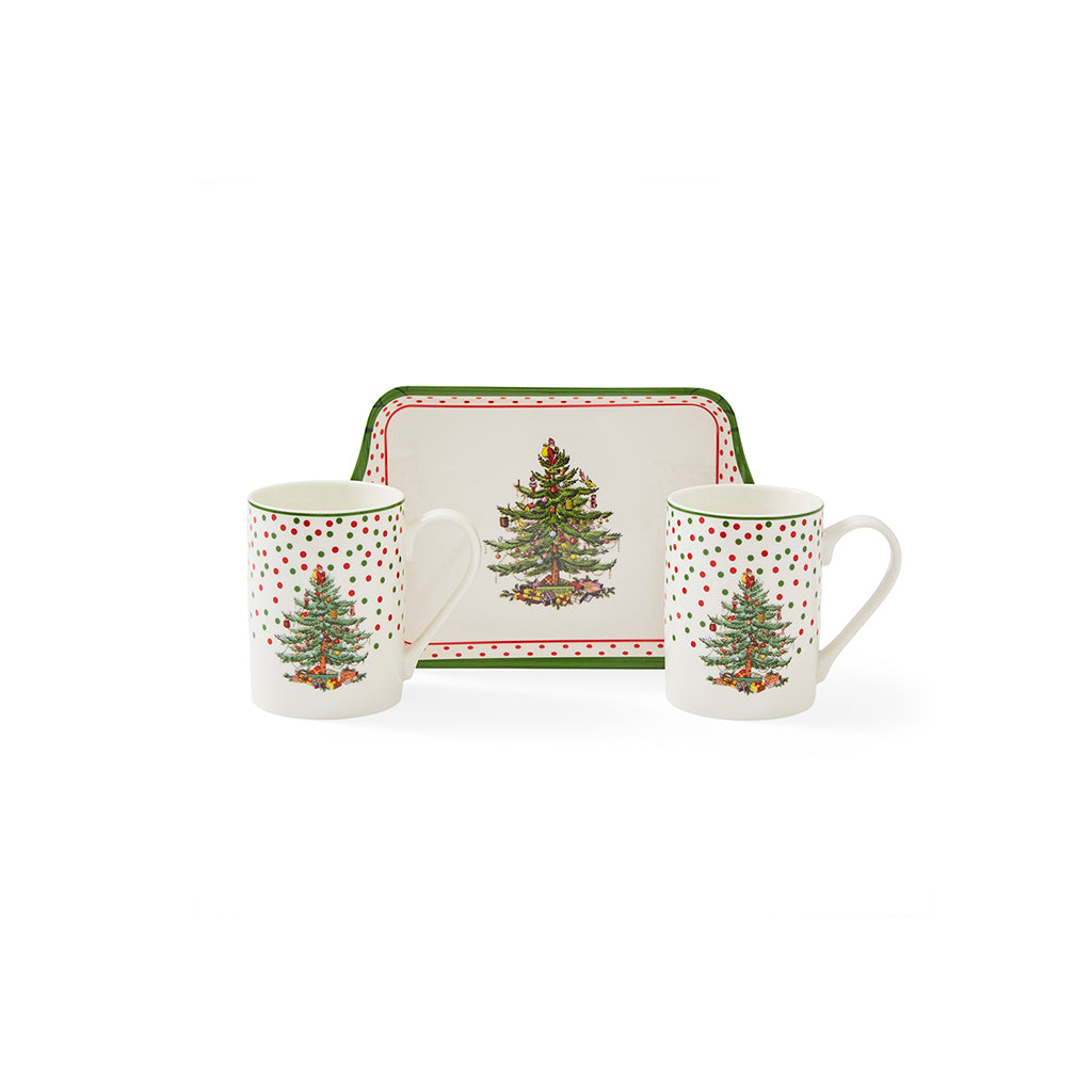 Spode Christmas Tree Polka Dot Three Piece Mug & Tray Set-Home & Garden > Kitchen & Dining > Tableware-Goviers