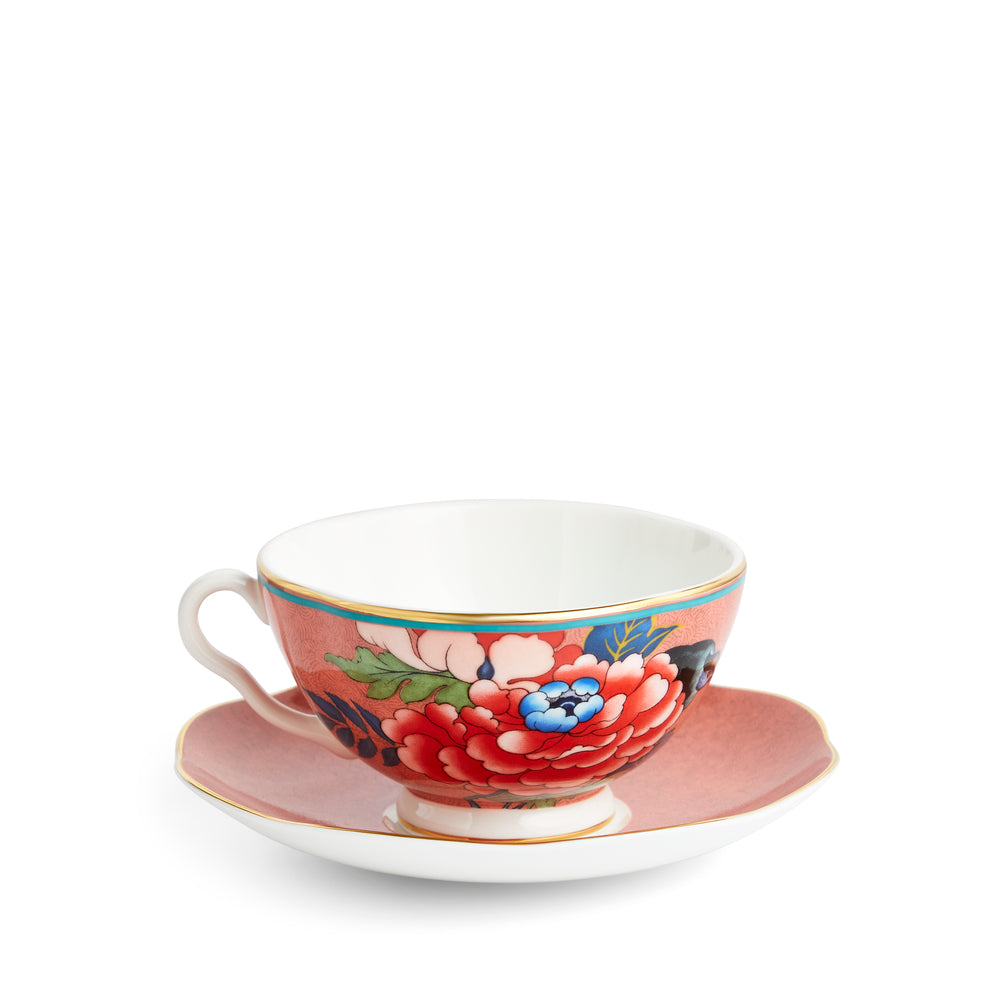 Wedgwood Paeonia Blush Coral Teacup & Saucer-Goviers